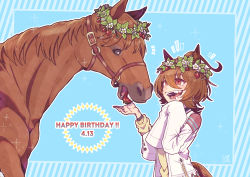 Rule 34 | 1girl, agnes tachyon (racehorse), agnes tachyon (umamusume), ahoge, animal ears, apple, blue background, bridle, brown hair, commentary request, creature and personification, english text, fangs, feeding, food, fruit, hair between eyes, happy birthday, head wreath, highres, horse, horse ears, horse girl, horse tail, huge ahoge, lab coat, long sleeves, medium hair, messy hair, red eyes, sleeves past fingers, sleeves past wrists, sweater, tail, test tube, torasigure, umamusume, yellow sweater, zipper