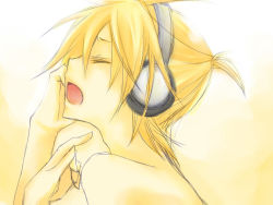 Rule 34 | 1boy, artist request, bare shoulders, blonde hair, hand on own face, headphones, kagamine len, male focus, music, open mouth, ponytail, topless male, short hair, singing, solo, vocaloid
