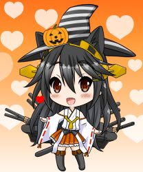 Rule 34 | 10s, 1girl, :d, animal ears, black hair, black thighhighs, brown eyes, cat ears, cat tail, detached sleeves, ears through headwear, hair ornament, hairband, hairclip, halloween, haruna (kancolle), hat, kantai collection, kemonomimi mode, long hair, looking at viewer, machinery, neko danshaku, nontraditional miko, open mouth, pleated skirt, skirt, smile, solo, tail, thighhighs, turret, witch hat, zettai ryouiki