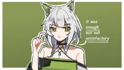 Rule 34 | 1girl, animal ear fluff, animal ears, arknights, bare shoulders, cat ears, cat girl, collarbone, commentary, dress, english commentary, english text, green dress, green eyes, grey hair, kal&#039;tsit (arknights), looking at viewer, nuggetkouhai, open mouth, short hair, solo, upper body