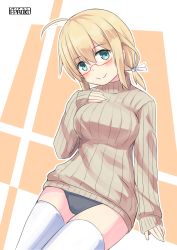 Rule 34 | ahoge, artist logo, artist name, blonde hair, blue eyes, blush, breasts, brown sweater, glasses, hand on own chest, highres, i-8 (kancolle), kantai collection, large breasts, long sleeves, looking at viewer, low twintails, one-piece swimsuit, pepatiku, red-framed eyewear, ribbed sweater, scarf, school swimsuit, semi-rimless eyewear, sitting, solo, sweater, swimsuit, swimsuit under clothes, thighhighs, torn clothes, torn scarf, twintails, under-rim eyewear, white thighhighs