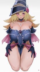 Rule 34 | 1girl, absurdres, bare shoulders, blonde hair, blue gloves, blush stickers, breasts, cleavage, collarbone, cowboy shot, cropped legs, detached collar, eyes visible through hair, gloves, grey background, groin, hands on own hips, hat, highres, huge breasts, kataku musou, long hair, looking at viewer, magi magi magician gal, off-shoulder leotard, purple eyes, signature, simple background, solo, thick thighs, thighs, tongue, tongue out, witch hat, yu-gi-oh!, yu-gi-oh! duel monsters