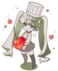 Rule 34 | 1girl, :3, buttons, chef, chef hat, cherry, chibi, closed mouth, commentary, double-breasted, flat top chef hat, food, food-themed background, fruit, full body, green eyes, green hair, hat, hatsune miku, highres, holding, holding food, holding fruit, limited palette, long hair, long sleeves, looking at viewer, miniskirt, oversized food, oversized object, pleated skirt, red pupils, simple background, skirt, smile, solo, standing, symbol-only commentary, thighhighs, twintails, very long hair, vocaloid, white background, you nekomura, zettai ryouiki