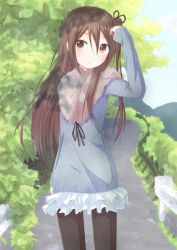 Rule 34 | 1girl, bad id, bad pixiv id, black pantyhose, blush, brown eyes, brown hair, casual, chm (macharge), extra, female focus, k-on!, long hair, nature, outdoors, pantyhose, plant, side ponytail, sky, solo, taki eri