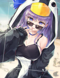 Rule 34 | 1girl, :p, animal hood, bare shoulders, bikini, black-framed eyewear, black bikini, black jacket, black tank top, blue bow, blue choker, blue eyes, blurry, blurry background, bow, breasts, choker, cleavage, collarbone, day, depth of field, fate/grand order, fate (series), fingernails, glint, h2o (dfo), hair between eyes, highres, hood, hood up, hooded jacket, jacket, long hair, long sleeves, looking at viewer, looking over eyewear, looking over glasses, medium breasts, meltryllis, meltryllis (fate), meltryllis (swimsuit lancer) (fate), meltryllis (swimsuit lancer) (first ascension) (fate), nail polish, outdoors, penguin hood, purple hair, red nails, sleeves past wrists, solo, sunglasses, swimsuit, tank top, tinted eyewear, tongue, tongue out