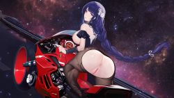 1girl ass bare_shoulders black_pantyhose breasts genshin_impact highres long_braid long_hair looking_at_viewer motor_vehicle motorcycle pantyhose purple_eyes purple_hair pussy raiden_shogun solo torn_clothes yizhibao