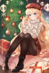 Rule 34 | 1girl, bad id, bad pixiv id, beret, black footwear, black pantyhose, blonde hair, boots, christmas, christmas tree, gift, green eyes, hair between eyes, hat, highres, holding, knees up, lights, lisa 78, long sleeves, merry christmas, original, ornament, pantyhose, plaid, plaid skirt, red hat, red skirt, ribbon, sitting, skirt, smile, solo, star (symbol), sweater, tree, white sweater