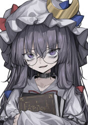 Rule 34 | 1girl, absurdres, black choker, blue bow, book, bow, character name, choker, crescent, crescent hat ornament, glasses, hat, hat ornament, highres, hisha (kan moko), holding, holding book, jacket, looking at viewer, nervous smile, nervous sweating, patchouli knowledge, purple eyes, red bow, sleeves past wrists, smile, solo, sweat, touhou, white background, white hat, white jacket