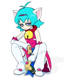 Rule 34 | 1girl, animal collar, animal ears, antenna hair, bags under eyes, bell, bloopy, blue hair, blush stickers, boots, bow hairband, can, cat ears, cigarette, collar, commentary, detached sleeves, dress, expressionless, full body, gloves, hairband, holding, holding can, holding cigarette, jitome, looking to the side, monster energy, neck bell, nhk ni youkoso!, pururin (nhk), short hair, sleeveless, sleeveless dress, smoke, smoking, solo, squatting, thigh boots