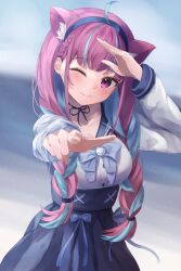 Rule 34 | 1girl, absurdres, ahoge, animal ear fluff, animal ears, blue hair, blue hairband, blue skirt, blurry, blurry background, blush, braid, breasts, cat girl, closed mouth, dot nose, extra ears, hairband, high-waist skirt, highres, hololive, long hair, long sleeves, looking at viewer, medium breasts, minato aqua, multicolored hair, one eye closed, pink eyes, pink hair, skirt, smile, solo, summer, twin braids, twintails, una hirag, very long hair, virtual youtuber