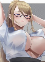 Rule 34 | 1girl, arms behind head, arms up, black skirt, blonde hair, blue eyes, blush, breasts, center opening, cleavage, closed mouth, collared shirt, glasses, hair between eyes, half-closed eyes, highres, large breasts, lips, lipstick, long hair, looking at viewer, looking down, makeup, metroid, mole, mole under mouth, nintendo, partially unbuttoned, ponytail, samus aran, shirt, short sleeves, sideboob, sidelocks, skirt, solo, swept bangs, tinnies, white shirt