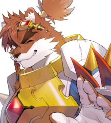Rule 34 | 1boy, animal ears, armor, bara, braid, cartuja (epic seven), commentary request, commission, dog boy, dog ears, epic seven, facial scar, furry, furry male, hand up, looking at viewer, male focus, manabiko, one eye closed, scar, scar across eye, scar on cheek, scar on face, skeb commission, smile, spiked pauldrons, white background