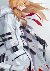 Rule 34 | 1girl, ammunition pouch, bad id, bad pixiv id, belt, black gloves, blonde hair, blood, blood on clothes, blood on face, blue eyes, brown sweater, closed mouth, coat, expressionless, floating hair, from side, fur-trimmed coat, fur hat, fur trim, girls&#039; frontline, gloves, gun, hair between eyes, hair tie, hand in pocket, hand on weapon, hat, hood, hood down, hooded coat, long hair, looking down, mod3 (girls&#039; frontline), mosin-nagant (girls&#039; frontline), mosin-nagant (mod3) (girls&#039; frontline), multiple straps, necktie, open clothes, open coat, pouch, red neckwear, ribbed sweater, rifle, shovel, side ponytail, sidelocks, sweater, tsuaaa, ushanka, weapon, white coat, wind