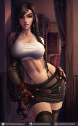 Rule 34 | 1girl, bare shoulders, belt, black hair, black skirt, breasts, brown eyes, closed mouth, collarbone, cowboy shot, detached sleeves, earrings, final fantasy, final fantasy vii, fingerless gloves, gloves, gumroad username, half-closed eyes, hands on own hips, indoors, jewelry, large breasts, leaning to the side, lips, long hair, low-tied long hair, luminyu, midriff, miniskirt, navel, patreon logo, patreon username, pencil skirt, seductive smile, shirt, signature, skirt, smile, solo, square enix, standing, stomach, suspender skirt, suspenders, swept bangs, tank top, taut clothes, taut shirt, thighhighs, tifa lockhart, twitter logo, twitter username, very long hair, watermark, web address, zettai ryouiki