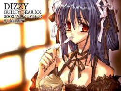 Rule 34 | 1girl, arc system works, blue hair, blush, breasts, choker, cleavage, dessert, dizzy (guilty gear), dress, eating, food, guilty gear, hair ribbon, long hair, pudding, red eyes, ribbon, solo, sumi hei, sumihey, window