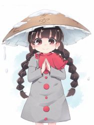 Rule 34 | 1girl, ajirogasa, blush, braid, brown hair, brown hat, buttons, capelet, clothes writing, coat, cowboy shot, frilled capelet, frilled hat, frills, grey coat, hair tie, hat, highres, kibisake, long earlobes, long hair, long sleeves, looking at viewer, own hands together, red capelet, red eyes, snow, solo, standing, tareme, touhou, twin braids, two-tone background, yatadera narumi