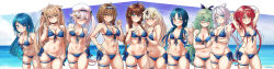 Rule 34 | 6+girls, absurdres, ahoge, aqua eyes, aqua hair, arthur ko, bare arms, bare legs, bare shoulders, beret, bikini, black choker, black ribbon, blonde hair, blue bikini, blue eyes, blue hair, blush, braid, breasts, brown eyes, brown hair, choker, closed mouth, collarbone, commentary request, cosplay, cowboy shot, front-tie bikini top, front-tie top, green eyes, grey hair, grin, groin, hair between eyes, hair flaps, hair ornament, hair ribbon, hairclip, hand on own hip, harusame (kancolle), hat, heterochromia, highres, holding, holding whistle, index finger raised, kantai collection, kawakaze (kancolle), kawakaze kai ni (kancolle), large breasts, leaning forward, light brown hair, long hair, long image, looking at viewer, low twintails, medium breasts, mole, mole under eye, multiple girls, murasame (kancolle), murasame kai ni (kancolle), navel, ocean, pink hair, red eyes, red hair, ribbon, samidare (kancolle), shigure (kancolle), shigure kai san (kancolle), shigure kai san (kancolle) (cosplay), shiratsuyu (kancolle), shiratsuyu kai ni (kancolle), side ponytail, sidelocks, single braid, small breasts, smile, suzukaze (kancolle), swimsuit, thigh strap, twin braids, twintails, twitter username, two side up, umikaze (kancolle), umikaze kai ni (kancolle), very long hair, whistle, whistle around neck, white headwear, wide image, yamakaze (kancolle), yamakaze kai ni (kancolle), yellow eyes, yuudachi (kancolle), yuudachi kai ni (kancolle)