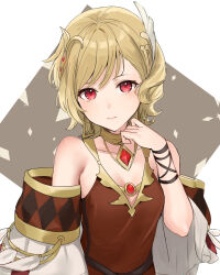 Rule 34 | 1girl, bare shoulders, blonde hair, breasts, citrinne (fire emblem), cleavage, dress, fire emblem, fire emblem engage, gold trim, haru (nakajou-28), highres, leather wrist straps, looking at viewer, nintendo, red dress, red eyes, short hair, small breasts, smile, solo, upper body, wing hair ornament
