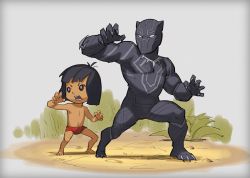 Rule 34 | 2boys, black hair, black panther (marvel), canonfalao, claws, company connection, crossover, dark-skinned male, dark skin, disney, highres, male focus, marvel, mowgli, multiple boys, name connection, skin tight, skinsuit, t&#039;challa, the jungle book