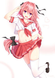 Rule 34 | 1boy, :d, absurdres, arm up, astolfo (fate), astolfo (sailor paladin) (fate), bad id, bad pixiv id, black bow, black footwear, black ribbon, blush, bow, braid, chinese commentary, collarbone, commentary request, crop top, dated, english text, fang, fate/apocrypha, fate (series), floating hair, hair between eyes, hair bow, hair intakes, hair ribbon, head tilt, heart, highres, leg up, loafers, long hair, looking at viewer, male focus, medium skirt, midriff, multicolored hair, navel, neckerchief, official alternate costume, open mouth, pink hair, pleated skirt, purple eyes, qianqiu wanxia, red neckerchief, red sailor collar, red skirt, ribbon, sailor collar, shiny skin, shoes, short sleeves, sidelocks, signature, single braid, skirt, skirt hold, smile, solo, standing, standing on one leg, stomach, streaked hair, thighhighs, trap, v, very long hair, white background, white hair, white thighhighs
