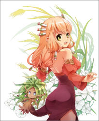 Rule 34 | 1girl, :d, armband, bare shoulders, blonde hair, blue dress, blush, breasts, brown hair, closed mouth, criss-cross halter, detached sleeves, dress, dryad (seiken densetsu), eye contact, facing viewer, fur trim, green background, green eyes, hair ornament, hair tubes, halterneck, halterneck, house, imu (lom), legend of mana, long hair, looking at another, looking at viewer, medium breasts, miniature, open mouth, polearm, purple eyes, seiken densetsu, simple background, smile, solo, souichi, upper body, weapon, wings