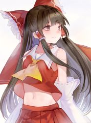 Rule 34 | 1girl, bad id, bad pixiv id, blunt bangs, bow, brown eyes, brown hair, collarbone, detached sleeves, floating hair, frilled bow, frills, hair bow, hair tubes, hakurei reimu, head tilt, highres, long hair, looking away, midriff, navel, ookamisama, pleated skirt, red shirt, red skirt, ribbon-trimmed sleeves, ribbon trim, shirt, simple background, skirt, sleeveless, sleeveless shirt, smile, solo, standing, stomach, touhou, very long hair, white background, yellow neckwear