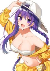 Rule 34 | 1girl, :d, arm up, asymmetrical hair, backwards hat, bandeau, baseball cap, bb (fate), bb (fate) (all), bb (swimsuit mooncancer) (fate), bb (swimsuit mooncancer) (first ascension) (fate), bikini, braid, character name, collarbone, fate/grand order, fate (series), floating hair, groin, hand on own hip, hat, jacket, leaning forward, long hair, miniskirt, navel, off shoulder, open clothes, open jacket, open mouth, pleated skirt, purple eyes, purple hair, ribbon, simple background, single braid, skirt, smile, solo, standing, stomach, strapless, strapless bikini, swimsuit, very long hair, white background, white bikini, white hat, yellow jacket, yellow ribbon, yellow skirt, yon (letter)