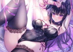 Rule 34 | 1girl, animal ears, armpits, arms up, bed sheet, black hair, black leotard, black thighhighs, blush, breasts, cleavage, closed mouth, commentary request, highres, knee up, lace, lace-trimmed legwear, lace trim, leotard, long hair, looking at viewer, lying, medium breasts, nail polish, on back, on bed, original, panties, playboy bunny, purple eyes, rabbit ears, ribbon, sami (rinsenana), side-tie panties, solo, thighhighs, thighs, underwear, very long hair, window