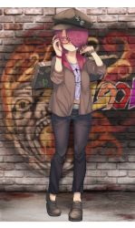 Rule 34 | 1girl, =), adjusting eyewear, alternate costume, belt, black pants, brick wall, brown footwear, brown hat, brown jacket, closed mouth, clothes pin, clothes writing, commentary request, contemporary, contrapposto, cookie (touhou), eyes visible through hair, full body, glasses, graffiti, gush (nicoseiga86404163), hair over one eye, hat, hecatia lapislazuli, highres, jacket, jewelry, ktgijgkgdusimn (cookie), letterboxed, midriff peek, navel, necklace, one eye closed, pants, purple shirt, red eyes, ring, shirt, shoes, short hair, sleeves rolled up, solo, standing, suitcase, touhou, watch, wristwatch