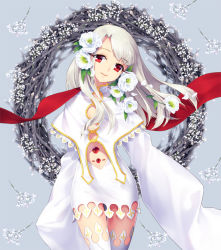 Rule 34 | 1girl, dress of heaven, fate/stay night, fate (series), flower, hair flower, hair ornament, illyasviel von einzbern, long hair, looking at viewer, red eyes, sleeves past wrists, smile, solo, thighhighs, very long sleeves, white thighhighs, yeruen, zettai ryouiki