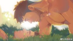 Rule 34 | 2boys, bara, close-up, couple, from side, grass, highres, large pectorals, lying, male focus, multiple boys, muscular, muscular male, nipples, nude, on back, original, pectorals, rouyuan shiqi (ro seventeen), short hair, sideburns, sunlight, thick eyebrows, upper body, yaoi
