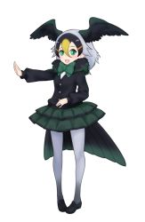 Rule 34 | 10s, 1girl, :d, bird tail, black footwear, black hair, blonde hair, bow, bowtie, full body, fur collar, gradient legwear, green bow, green bowtie, green eyes, green skirt, grey hair, hair between eyes, hair ornament, hairclip, head wings, ise (0425), japanese cormorant (kemono friends), kemono friends, long hair, long sleeves, looking at viewer, multicolored clothes, multicolored hair, multicolored legwear, open mouth, outstretched arm, pantyhose, pigeon-toed, shoes, simple background, skirt, smile, solo, tail, white background, wings