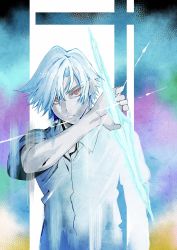 Rule 34 | 1boy, 22461016a, blue hair, closed mouth, diffraction spikes, eyes visible through hair, glowing, hair between eyes, highres, hyouken no majutsushi ga sekai wo suberu, light blue hair, looking at viewer, male focus, official art, ray white, red eyes, solo, textless version, upper body, white hair