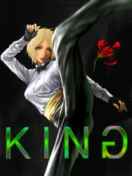 Rule 34 | 1girl, blonde hair, blue eyes, breasts, character name, fingerless gloves, flower, gloves, high kick, highres, kicking, king (snk), l.g (greenforce1), pants, rose, sash, shirt, short hair, solo, the king of fighters, very short hair