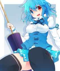 Rule 34 | 1girl, :d, black thighhighs, blue eyes, blue hair, blush, breast cutout, breasts, breasts out, commentary, convenient leg, framed breasts, fuuen (akagaminanoka), heterochromia, highres, juliet sleeves, long sleeves, looking at viewer, medium breasts, miniskirt, open mouth, puffy sleeves, red eyes, shirt, short hair, skirt, smile, solo, tatara kogasa, thighhighs, thighs, touhou, umbrella, vest, zettai ryouiki
