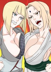 Rule 34 | 2girls, absurdres, anger vein, angry, asymmetrical docking, blonde hair, blue eyes, breast contest, breast press, breasts, brown eyes, cleavage, clenched hands, clenched teeth, facial mark, hand on own hip, highres, huge breasts, large breasts, long hair, mattsun (lyohei-adgjmptw), multiple girls, naruto (series), naruto shippuuden, ninja, open mouth, samui (naruto), short hair, symmetrical docking, teeth, tsunade (naruto), upper body