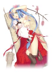 Rule 34 | 1girl, arm up, arrow (projectile), bell, blue hair, bow (weapon), covering privates, covering breasts, detached sleeves, fish, flower, green eyes, hair ornament, head tilt, japanese clothes, jingle bell, long hair, long sleeves, looking at viewer, lying, official art, on back, open mouth, personification, petals, quiver, ribbon-trimmed sleeves, ribbon trim, shirohime quest, skirt, solo, torn clothes, transparent background, vase, weapon, wide sleeves, yamatokouriyama (shirohime quest)