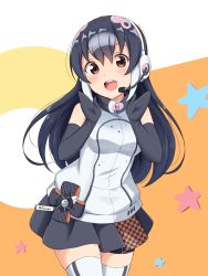 Rule 34 | absurdres, african penguin (kemono friends), bare shoulders, belt bow, black gloves, black hair, black skirt, black thighhighs, blush, brown eyes, commentary request, cowboy shot, elbow gloves, gloves, headphones, high collar, highres, kemono friends, kemono friends v project, long hair, looking at viewer, microphone, mittens, multicolored hair, official alternate costume, open mouth, orange background, pink hair, pleated skirt, shiraha maru, simple background, skirt, sleeveless, smile, solo, streaked hair, striped clothes, striped thighhighs, sweater, thigh strap, thighhighs, two-tone legwear, virtual youtuber, white hair, white sweater, white thighhighs, zettai ryouiki