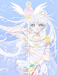 Rule 34 | 1girl, absurdres, beads, bishoujo senshi sailor moon, blue background, choker, collarbone, commentary, double bun, english commentary, facial mark, floating hair, forehead mark, hair bun, highres, holding, holding staff, long hair, parted bangs, purple eyes, sailor cosmos, sidney deng, solo, staff, twintails, white choker, white hair, wings