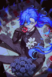Rule 34 | 1boy, absurdres, black jacket, black necktie, black shirt, black suit, blue flower, blue hair, blue rose, bouquet, candle, commentary, corsage, eyeshadow, feet out of frame, fiery hair, floor, flower, food, formal, fruit, heartki, highres, holding, holding bouquet, holding food, idia shroud, jacket, lily (flower), long hair, long sleeves, looking at viewer, makeup, male focus, necktie, on floor, pomegranate, ponytail, rose, seed, sharp teeth, shirt, solo, spoon, spotlight, suit, teeth, twisted wonderland, white lily, yellow eyes, yonic symbol
