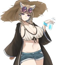 Rule 34 | 1girl, animal ear fluff, animal ears, arknights, bikini, bikini top only, black coat, black hair, blue nails, blue shorts, blush, bracelet, braid, breasts, cat girl, cleavage, closed mouth, coat, commentary, cowboy shot, crazy straw, cup, denim, denim shorts, drink, drinking straw, eyewear on head, fang, grey bikini, hair ornament, hairclip, hat, heart straw, highres, holding, holding cup, jewelry, large breasts, light brown hair, looking at viewer, medium hair, nail polish, navel, official alternate costume, open clothes, open coat, panda ears, purple-tinted eyewear, purple eyes, round eyewear, short shorts, shorts, silver hair, simple background, skin fang, smile, solo, standing, stomach, straw hat, striped bikini, striped clothes, swimsuit, swimsuit cover-up, tinted eyewear, twin braids, twintails, unknownnoname0, utage (arknights), utage (summer flowers) (arknights), white background