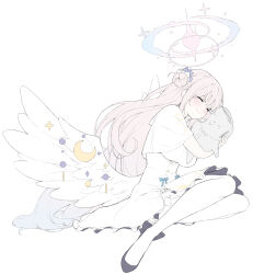 Rule 34 | 1boy, 1girl, angel wings, black footwear, blue archive, blush, breasts, capelet, closed eyes, closed mouth, crescent, crescent pin, doodle sensei (blue archive), dress, feathered wings, flower, hair bun, hair flower, hair ornament, halo, highres, hyury, large breasts, long hair, mika (blue archive), pantyhose, pink hair, pink halo, purple flower, sensei (blue archive), shoes, simple background, single side bun, smile, white background, white capelet, white dress, white pantyhose, white wings, wings