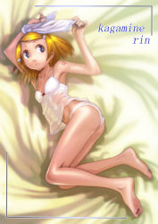 Rule 34 | 1girl, armpits, ass, barefoot, blonde hair, blue eyes, bow, breasts, character name, collarbone, feet, flat ass, hair bow, hair ornament, hairclip, highres, kagamine rin, legs, lying, navel, on side, panties, short hair, small breasts, soles, solo, soon (c-u-soon), tattoo, toes, underwear, vocaloid