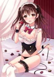 Rule 34 | 1girl, :d, bad id, bad pixiv id, bed, bell, black panties, black ribbon, blush, breasts, bridal garter, brown eyes, brown hair, candy, canopy bed, chocolate, chocolate heart, cleavage, collar, commentary request, detached collar, fingernails, food, frilled collar, frills, hair between eyes, head tilt, heart, holding, holding heart, jingle bell, long hair, looking at viewer, maid, maid headdress, medium breasts, nail polish, navel, on bed, open mouth, original, panties, pink nails, ribbon, sakura hiyori, side-tie panties, sitting, sleeveless, smile, solo, thighhighs, two side up, underbust, underwear, untied panties, valentine, white collar, white thighhighs, wrist cuffs