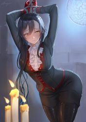 Rule 34 | 1girl, arms up, black hair, black pants, black shirt, boots, box, candle, center frills, closed mouth, commentary request, fire, fire, frills, gloves, hair between eyes, highres, idolmaster, idolmaster shiny colors, indoors, knee boots, long hair, pants, red gloves, restrained, shirase sakuya, shirt, shogun (a96040021), sidelocks, thighhighs, very long hair, wavy mouth, white neckwear, yellow eyes