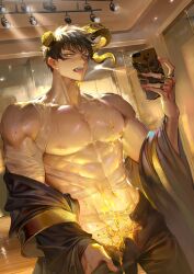 Rule 34 | 1boy, abs, bandages, bare pectorals, blurry, blurry background, broken horn, collarbone, cross, demon horns, facial mark, glowing, gold, hand in pocket, highres, holding, holding phone, horns, jacket, japanese clothes, jewelry, kimono, large pectorals, liquid gold, looking at viewer, mammon (what in hell is bad), mirror, navel, open clothes, open fly, open jacket, pectoral cleavage, pectorals, phone, prettybusy kr, ring, selfie, short hair, spotlight, tongue, tongue out, topless male, what in hell is bad, yellow eyes, yukata