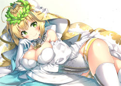 Rule 34 | 10s, 1girl, ahoge, arm support, ass, bare shoulders, belt, belt skirt, blonde hair, blush, breast hold, breasts, bridal veil, chain, cleavage, closed mouth, colored eyelashes, cowboy shot, detached collar, detached sleeves, dress, elbow gloves, fate/extra, fate/extra ccc, fate/grand order, fate (series), full-length zipper, gloves, gradient background, green eyes, groin, hair intakes, hand up, head tilt, head wreath, heart, heart print, large breasts, leotard, light particles, light smile, lock, looking at viewer, lying, nero claudius (bride) (fate), nero claudius (bride) (third ascension) (fate), nero claudius (fate), nero claudius (fate) (all), on side, padlock, puffy detached sleeves, puffy sleeves, ribbon trim, riichu, short hair with long locks, showgirl skirt, sidelocks, skindentation, skirt, smile, strapless, strapless dress, strapless leotard, thighhighs, thighs, unzipped, veil, white background, white gloves, white leotard, white skirt, white thighhighs, wide sleeves, wreath, zipper, zipper pull tab