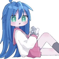 1girl ahoge aqua_eyes black_socks blue_hair bright_pupils diamond_mouth double_horizontal_stripe from_side hair_between_eyes highres holding holding_manga izumi_konata kneehighs long_hair long_sleeves looking_at_viewer lucky_star manga_(object) miniskirt mole mole_under_eye open_mouth pink_sailor_collar pink_skirt pleated_skirt ryouou_school_uniform sailor_collar school_uniform serafuku shirt simple_background sitting skirt socks solo very_long_hair white_background white_pupils white_shirt zqk9g