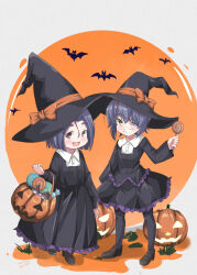 2girls aged_down alternate_costume basket bat_(animal) black_dress brown_eyes candy dress eyepatch food halloween halloween_costume hat highres holding holding_basket holding_candy holding_food holding_lollipop jack-o&#039;-lantern kantai_collection lollipop long_sleeves multiple_girls purple_hair short_hair smile taira_yuuki tatsuta_(kancolle) tenryuu_(kancolle) witch_hat yellow_eyes