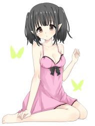 Rule 34 | 1girl, bad id, bad pixiv id, bare legs, barefoot, black hair, blush, breasts, brown eyes, bug, butterfly, cleavage, collarbone, insect, morina nao, nightgown, original, pointy ears, short hair, sitting, solo, two side up